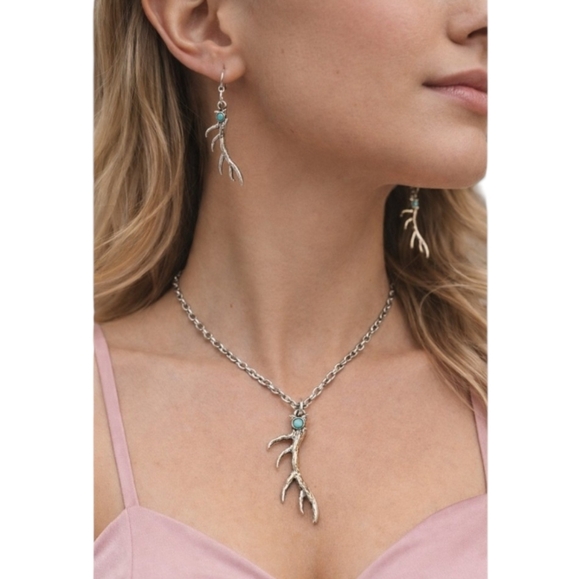 Montana Silversmiths Turquoise Antler Necklace & Earrings Set Retails $190.00 - Picture 1 of 5